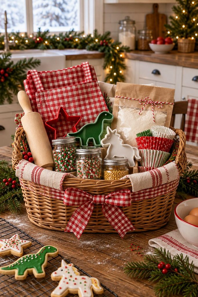 Kids baking basket with cookie cutters, sprinkles, and a mini rolling pin
