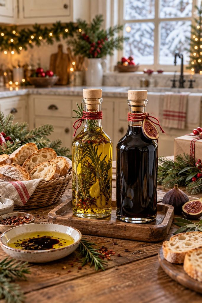 Bottles of infused olive oil and balsamic vinegar on a tray with bread
