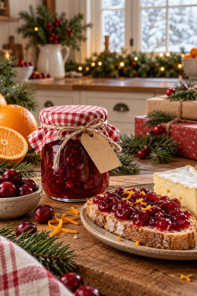 Jar of cranberry orange jam beside brie and toast
