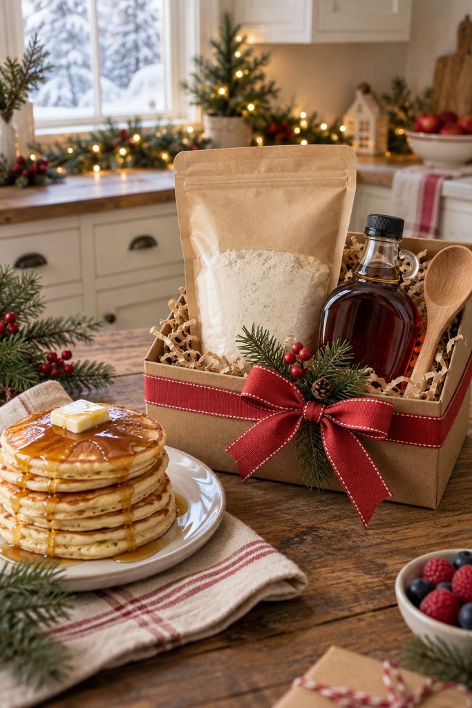 Pancake mix tied to a bottle of maple syrup with a wooden spoon