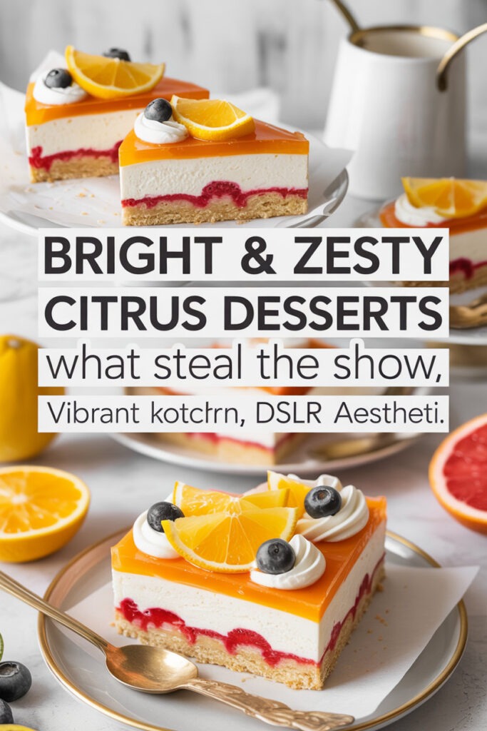 Bright overhead photo of various citrus-inspired desserts displayed on a white table with fresh citrus slices, vibrant colors, and soft diffused natural lighting for a modern, clean aesthetic.