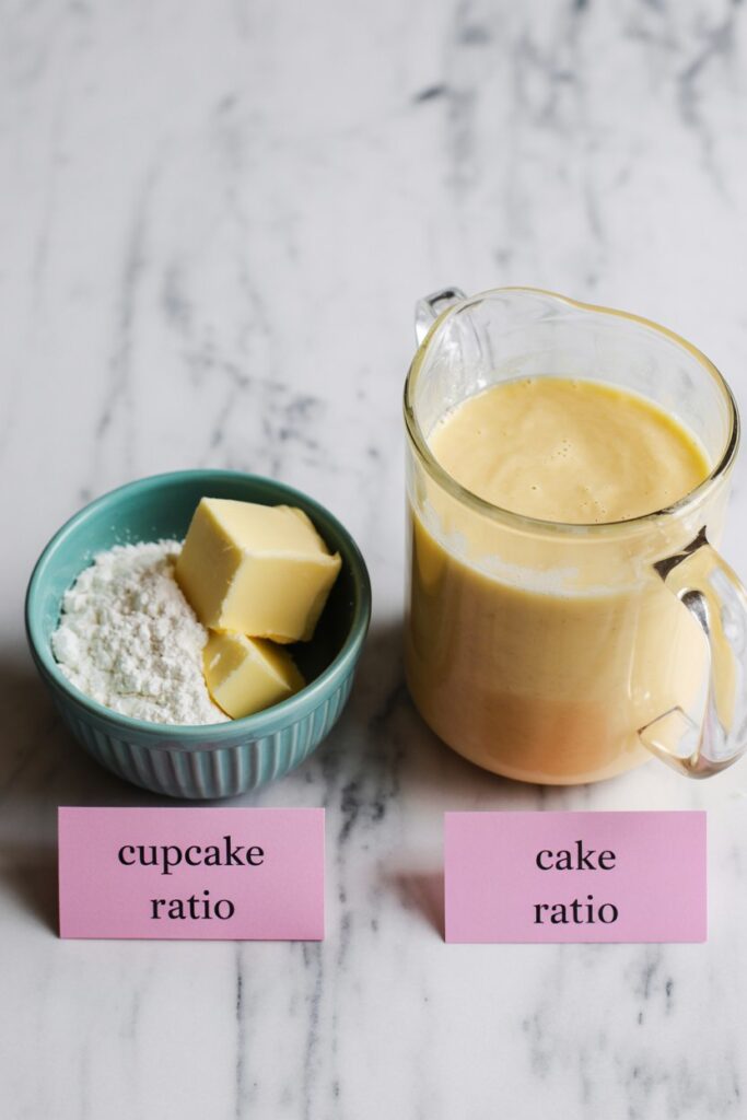 Two side-by-side small bowls: one labeled “Cupcake Ratio” filled with butter, sugar and flour portions; the other labeled “Cake Ratio” with a smoother, more liquid mixture in a pouring jug. Soft pastel labels, clean marble background, diffused natural light — modern food-styling aesthetic,