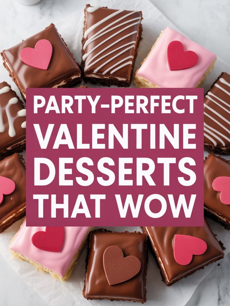 Pinterest-style real life food photo of chocolate and
non-chocolate party desserts arranged beautifully,text overlay:Party-Perfect Valentine Desserts That Wow,CLEAN bold font,high clarity,eye-catching composition.