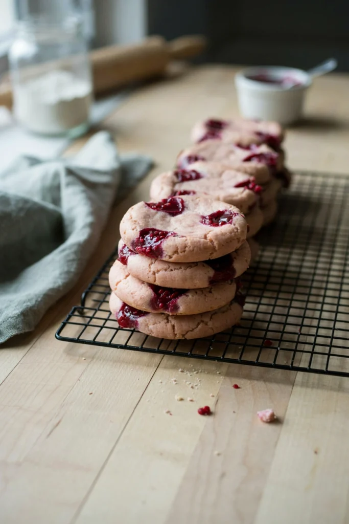 Raspberry cheesecake cookies with a swirl of raspberry jam baked into the tops