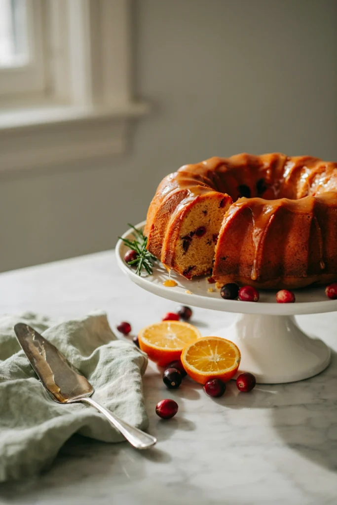 Sliced orange cranberry bundt cake with orange glaze