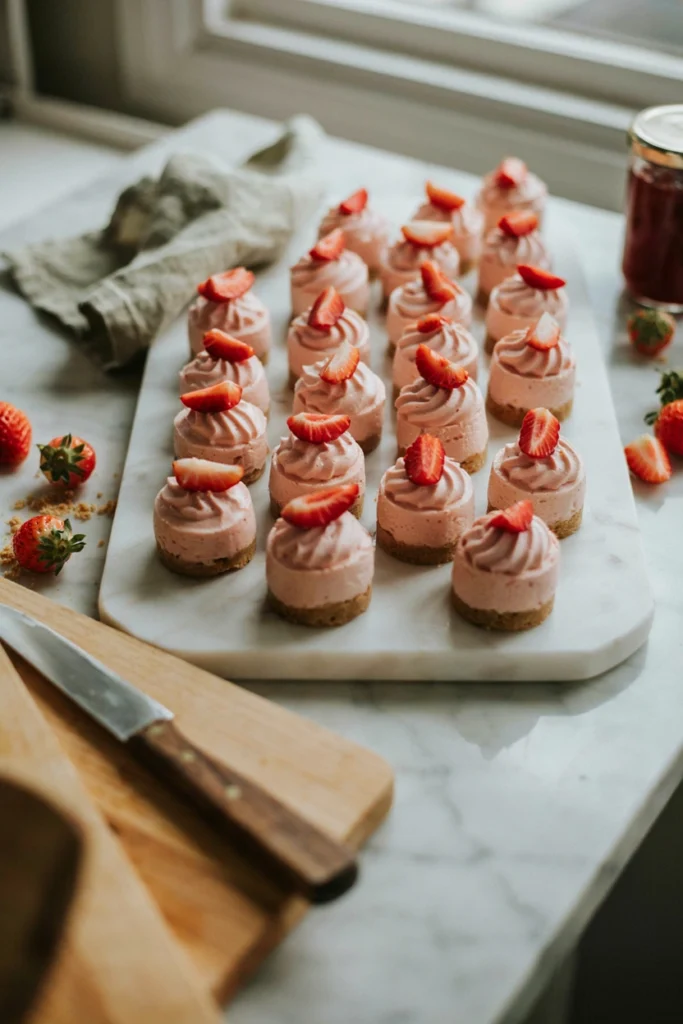 Bite-sized strawberry cheesecake bites with a graham cracker crust and fresh strawberry topping