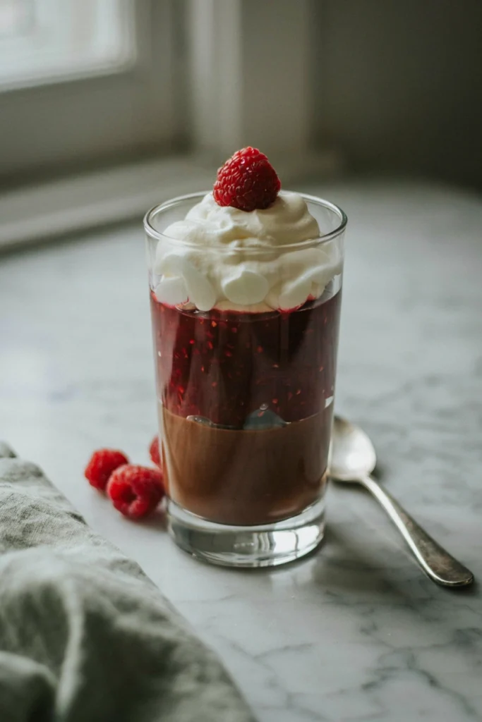 Raspberry fudge parfait in a glass cup with layered chocolate fudge, raspberry sauce, and whipped cream, topped with a fresh raspberry