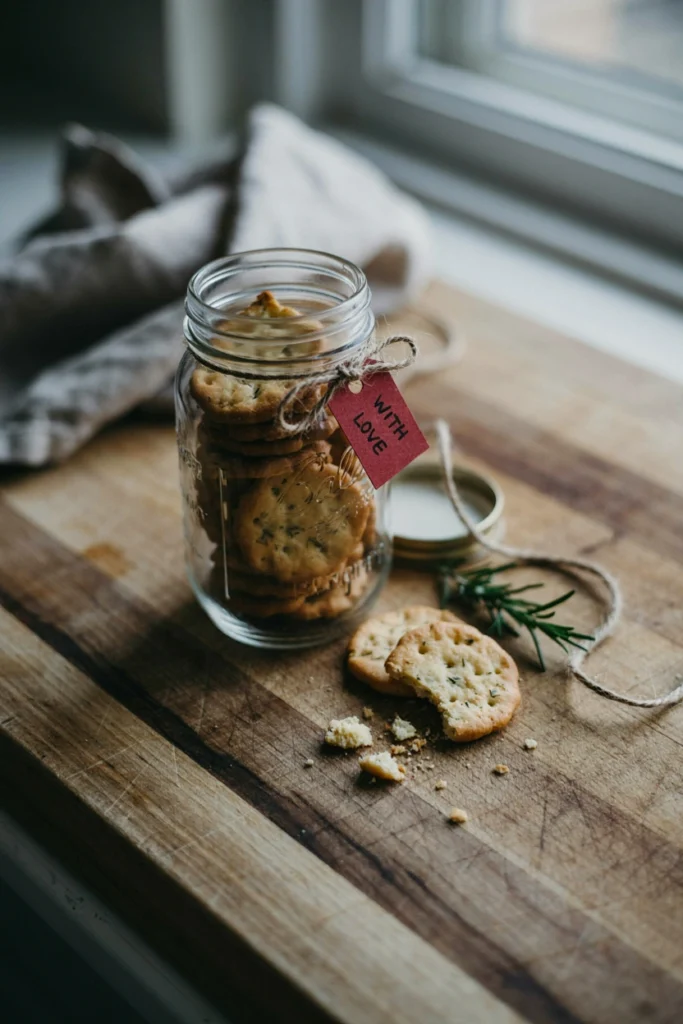 Jar of golden cheddar herb snack crackers with a gift tag and twine