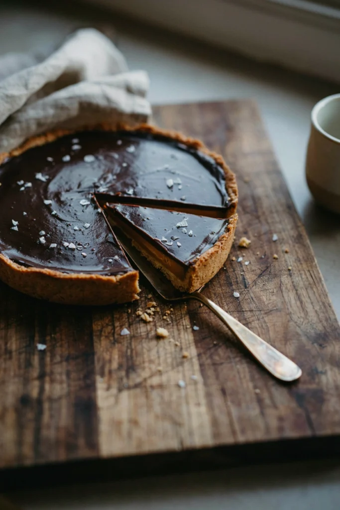 Sliced salted caramel chocolate tart with a dark chocolate ganache top and flaky sea salt