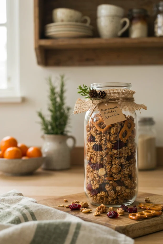Glass jar of gingerbread spiced snack mix with pretzels and dried cranberries