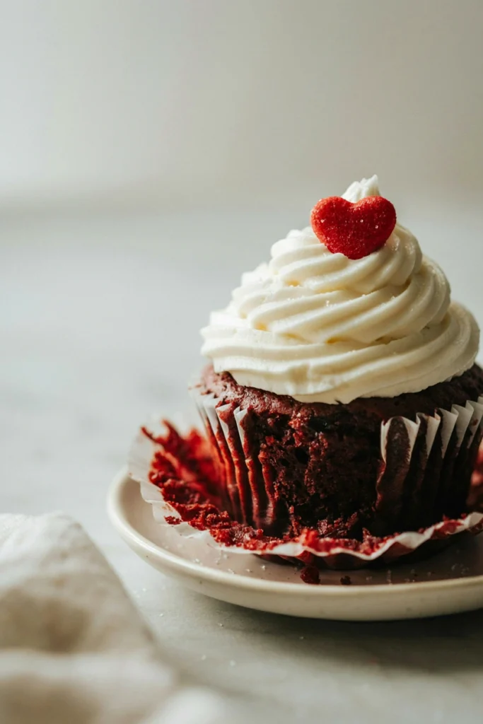 Red velvet cupcake with cream cheese frosting and a red sugar heart topper