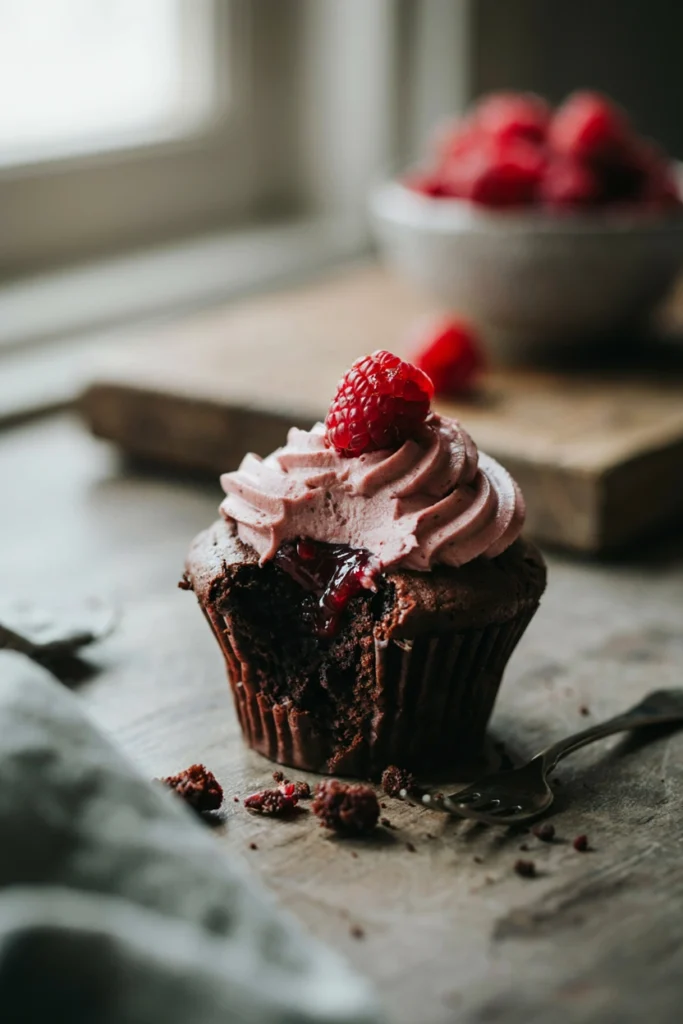 Chocolate raspberry cupcake filled with raspberry jam and topped with raspberry buttercream and a fresh raspberry
