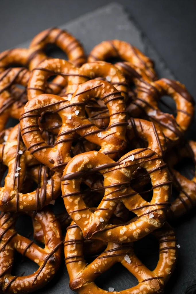 Small caramel-and-chocolate pretzel bites topped with flaky sea salt