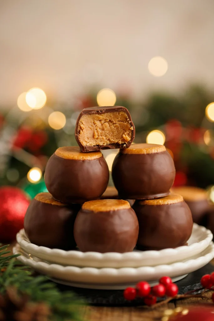 Peanut butter balls dipped in chocolate, resembling buckeye nuts, on a tray