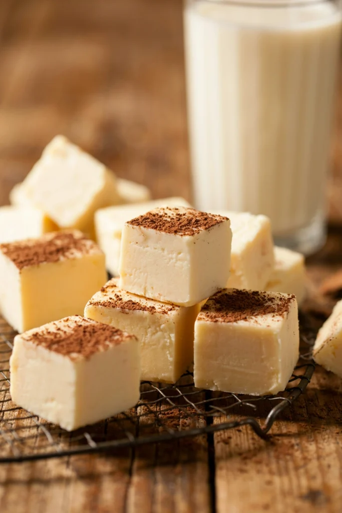 Squares of pale yellow eggnog fudge dusted with nutmeg