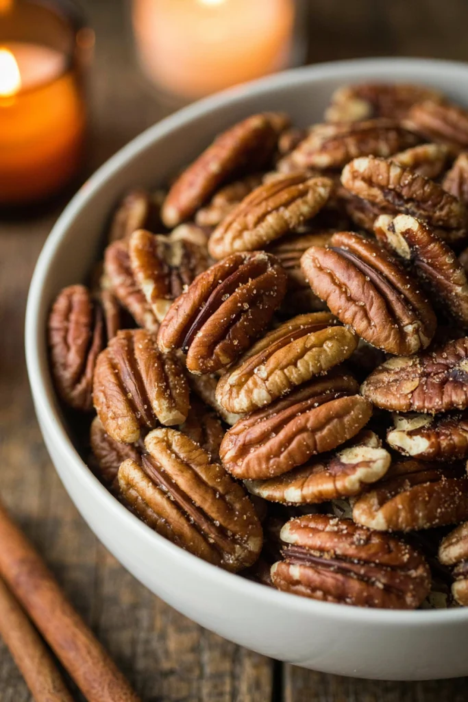 Glossy cinnamon-sugar candied pecans piled in a rustic bowl