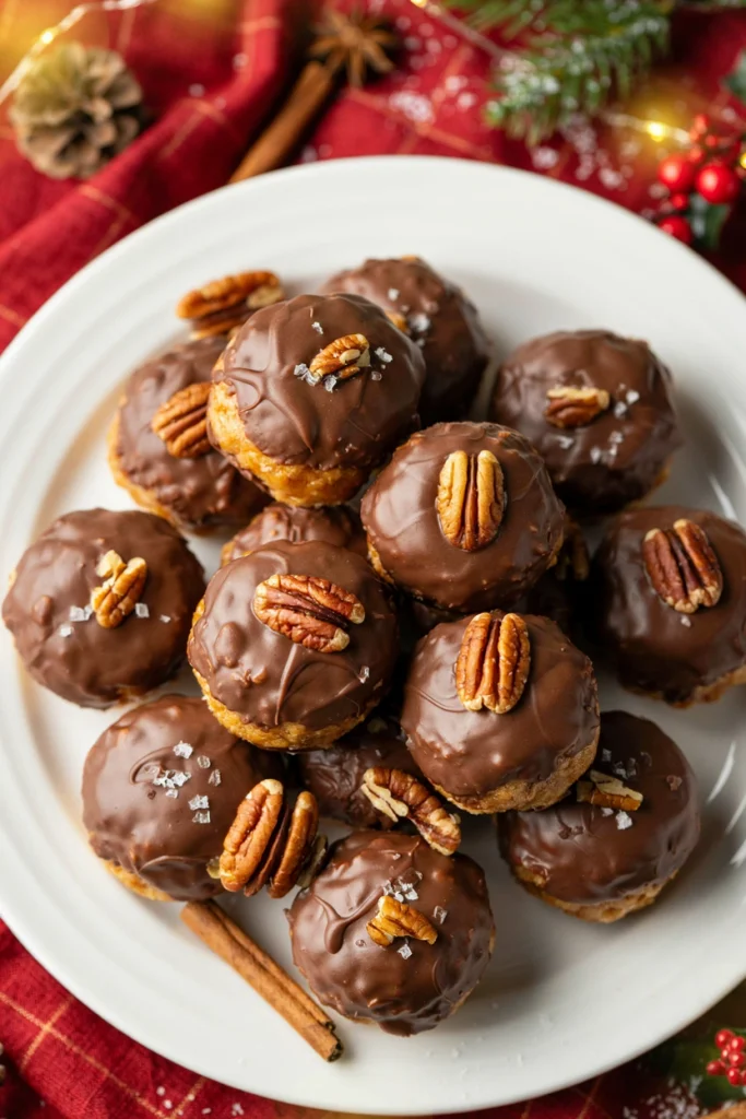 Chocolate clusters with pecans and caramel drizzle arranged on parchment paper