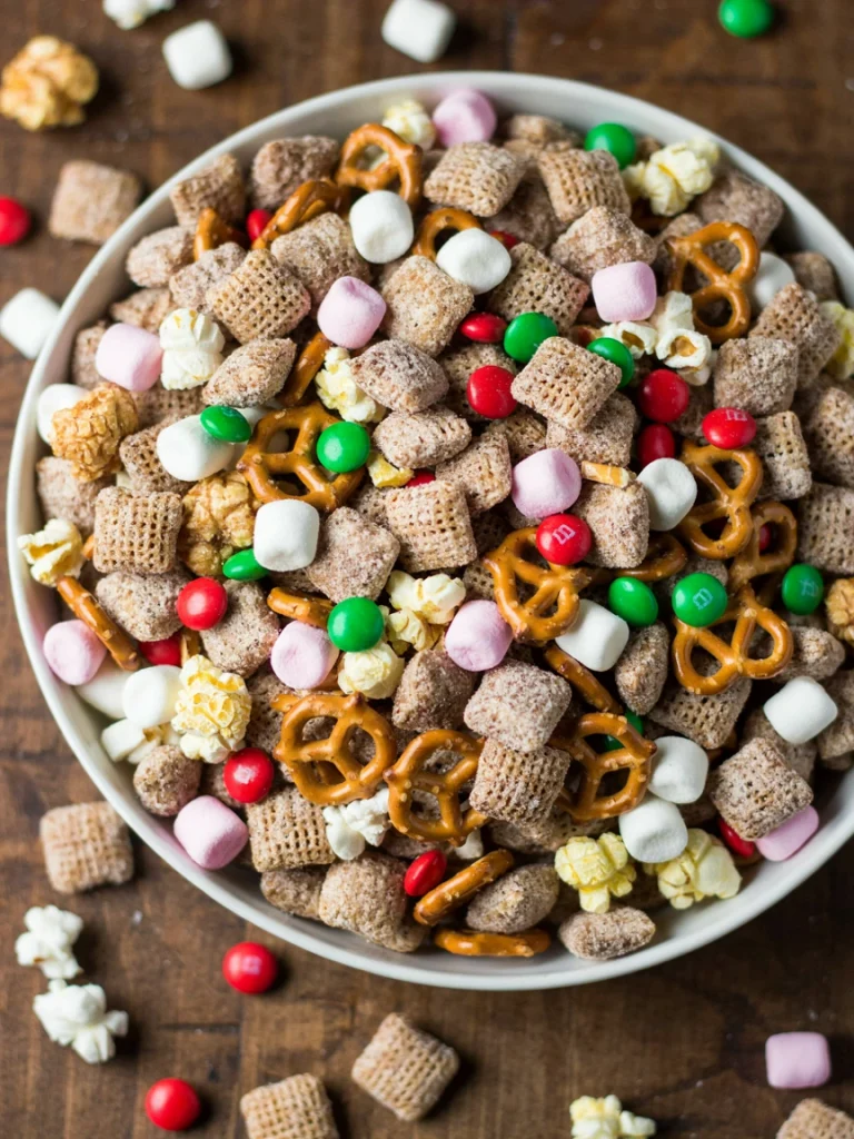 Bowl of caramel popcorn mixed with pretzel pieces, candy eyes, and red candies for a reindeer snack mix