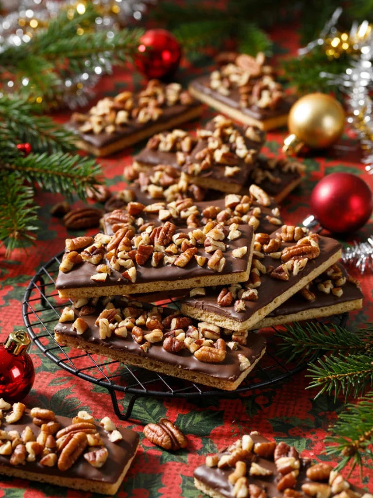 Broken pieces of toffee-covered saltine crackers topped with chocolate and crushed candy