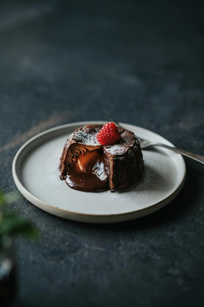 Mini chocolate lava cake cut open with a molten chocolate center, topped with a raspberry