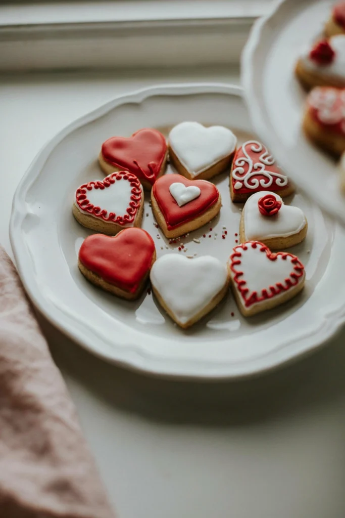 Heart-shaped sugar cookies decorated with red and white royal icing