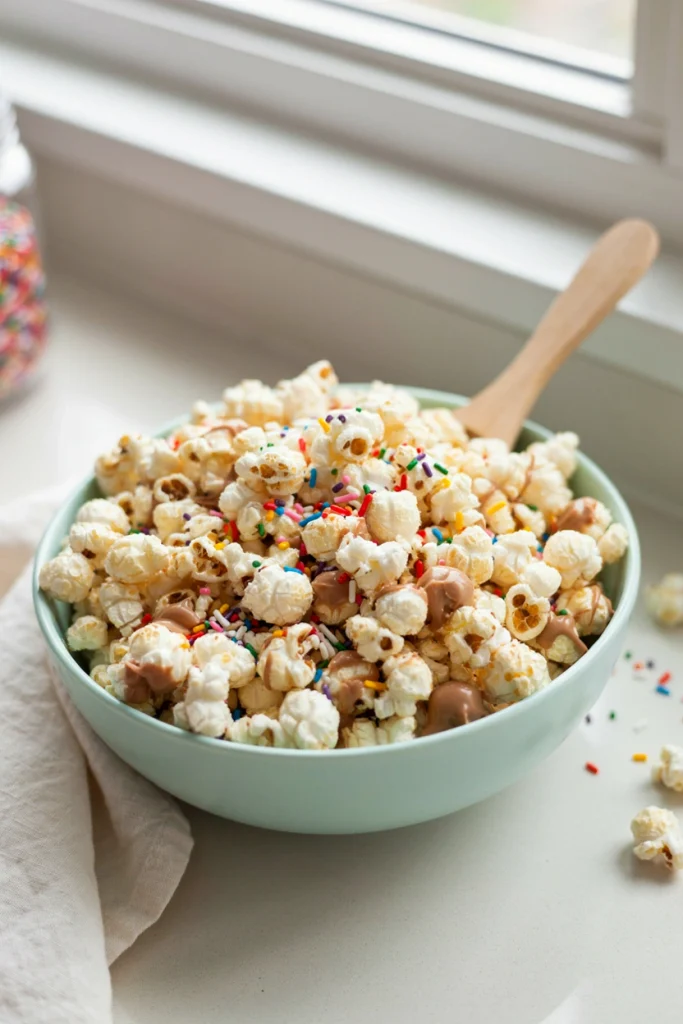 Bright bowl of white-chocolate-coated popcorn covered in rainbow sprinkles
