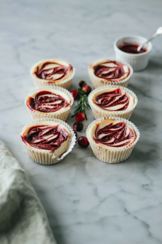 Mini cranberry swirl cheesecakes with a marbled cranberry sauce topping