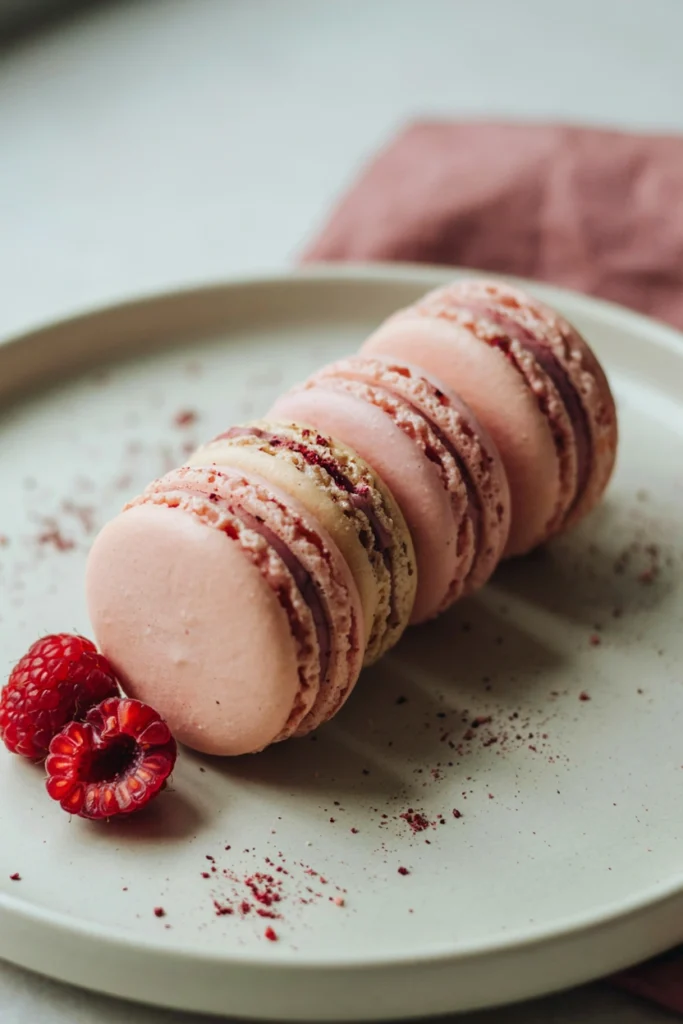 Raspberry rose macarons filled with raspberry buttercream and dusted with freeze-dried raspberry powder