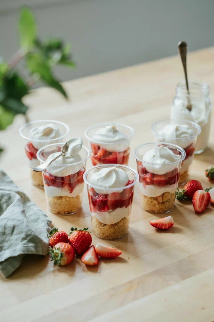 Strawberry shortcake dessert cup layered with shortcake crumbles, macerated strawberries, and whipped cream