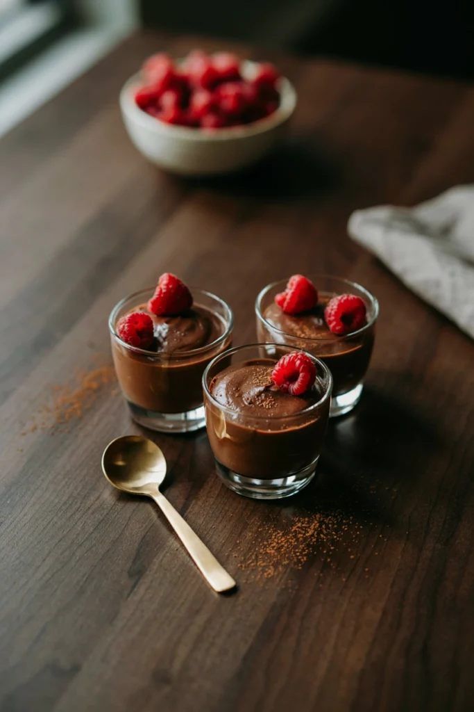 Vegan chocolate avocado mousse in a glass cup topped with fresh raspberries