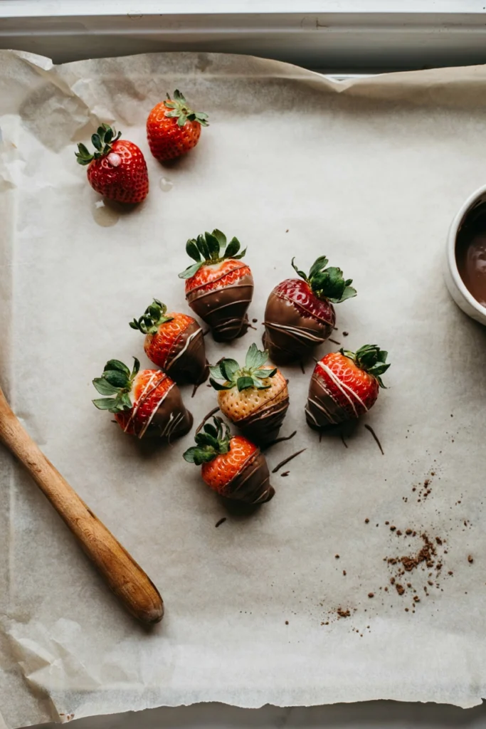 Fresh strawberries dipped in dark chocolate with a white chocolate drizzle