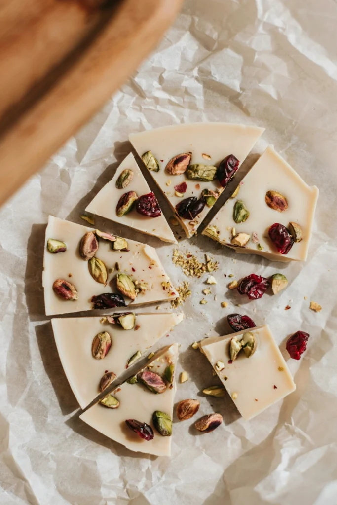 White chocolate bark with chopped pistachios and dried cranberries, broken into pieces
