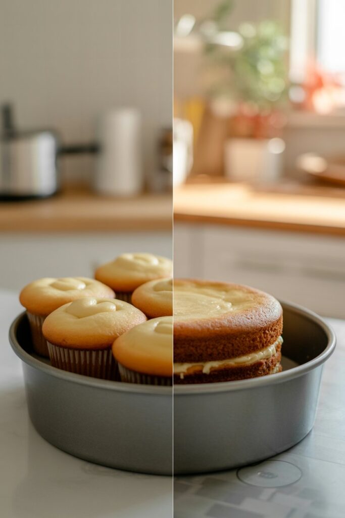 Creative split image: left side — a set of cupcakes domed above the pan rim; right side — a layered cake inside a deep pan rising gently. Soft focus background of a kitchen, warm natural light, gentle pastel tones