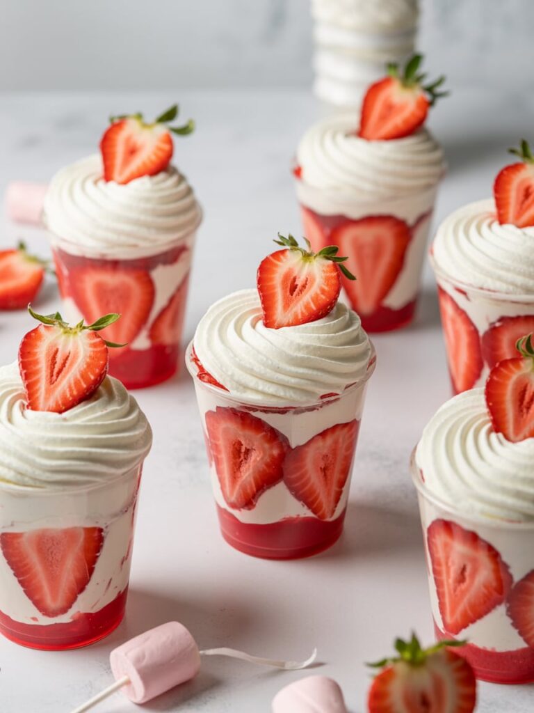 Real life food photography of fresh non-chocolate desserts:strawberry shortcake cups,marshmallow pops,light whipped cream textures,bright airy lighting,clean modern aesthetic,no text.
