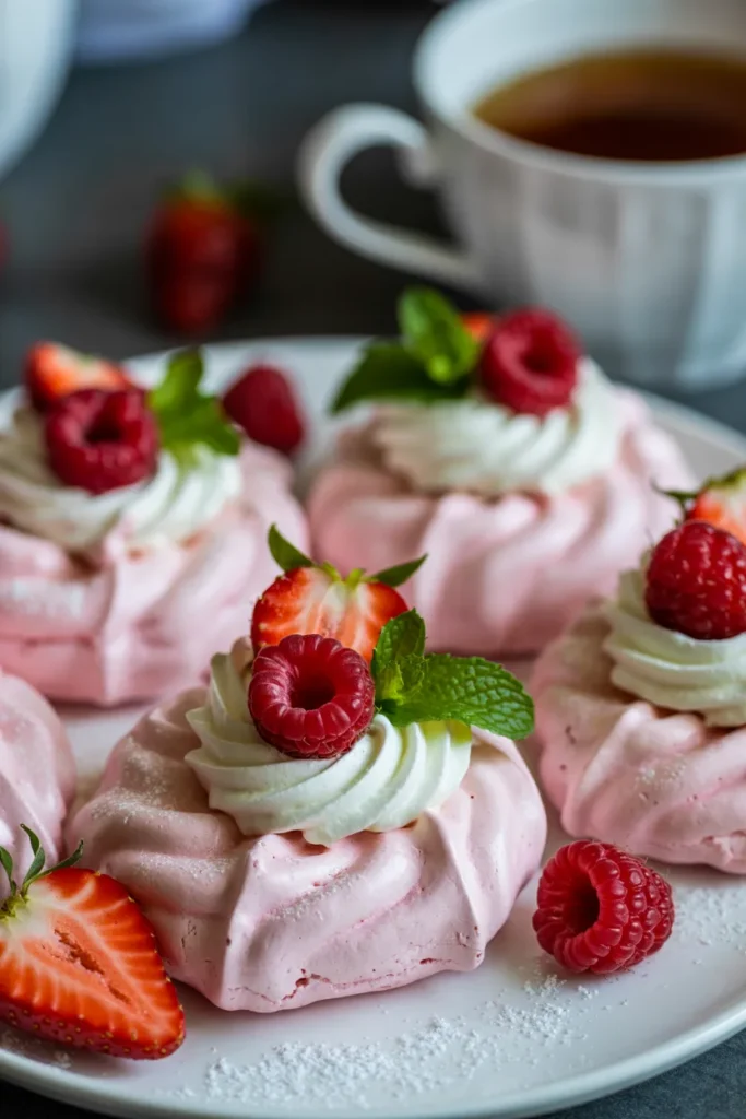 Pink Heart Pavlovas with Fresh Berries