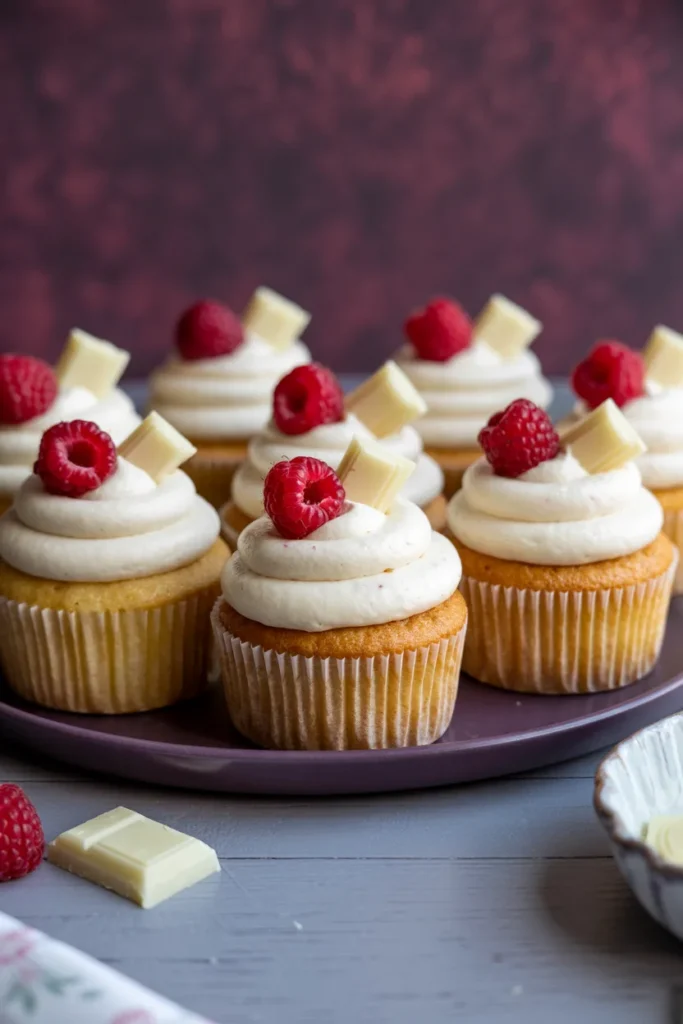 A professional food photography shot of raspberry and white chocolate cupcakes on a dark purple plate. The cupcakes have light brown paper liners and are topped with white buttercream frosting piped in a swirl pattern. Each cupcake is garnished with fresh red raspberries and white chocolate pieces. The cupcakes are arranged in a circular pattern on the plate. The background is a deep burgundy color with a subtle texture. The image is shot on a light gray wooden surface. A small portion of a white ceramic bowl is visible in the bottom right corner of the frame. The lighting is soft and even, highlighting the creamy texture of the frosting and the glossy surface of the fresh raspberries. The composition is shot from a slightly elevated angle, with the cupcakes in sharp focus in the foreground and a gentle bokeh effect in the background.
