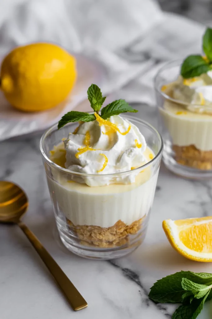A high-quality food photography shot of a no-bake cheesecake parfait in a clear glass cup on a white marble surface. The dessert has three distinct layers: a golden-brown graham cracker crust at the bottom, a creamy white cheesecake filling in the middle, and whipped cream on top garnished with a fresh mint sprig and lemon zest. A fresh whole lemon sits in the background on the left side of the frame. A second identical dessert cup is partially visible in the background on the right. A gold-colored dessert spoon rests on the marble surface. The image has soft, natural lighting that creates subtle shadows and highlights the creamy texture of the dessert. The composition is shot from a slightly elevated angle, with the dessert positioned in the center of the frame.