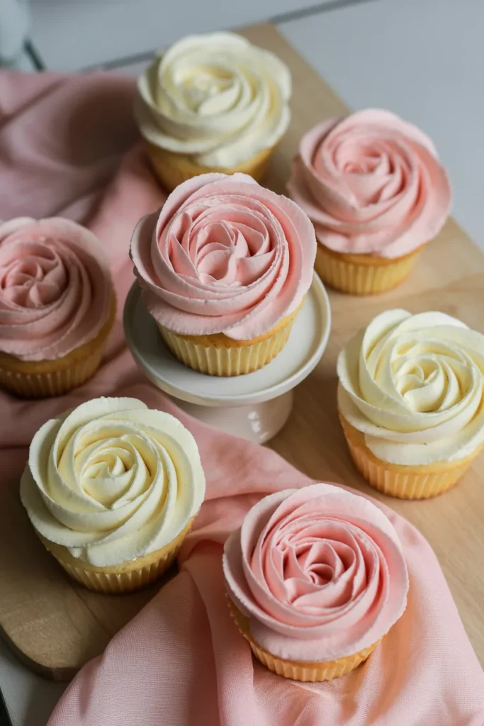 A high-quality food photography shot of six elegantly decorated cupcakes arranged on a light wooden surface. Each cupcake is topped with a perfect rose petal swirl of buttercream frosting in shades of pink and white. The frosting technique creates a realistic rose bloom effect with multiple layers of piped cream. The cupcakes are placed on small white cake stands. A soft pink silk fabric is draped across the wooden surface, creating a romantic backdrop. The cupcakes are arranged in a casual, scattered pattern with some standing upright and others placed flat on their sides. The lighting is soft and natural, highlighting the delicate texture of the piped frosting. The color palette consists primarily of pale pink, cream, and white tones, with subtle shadows cast on the wooden surface.