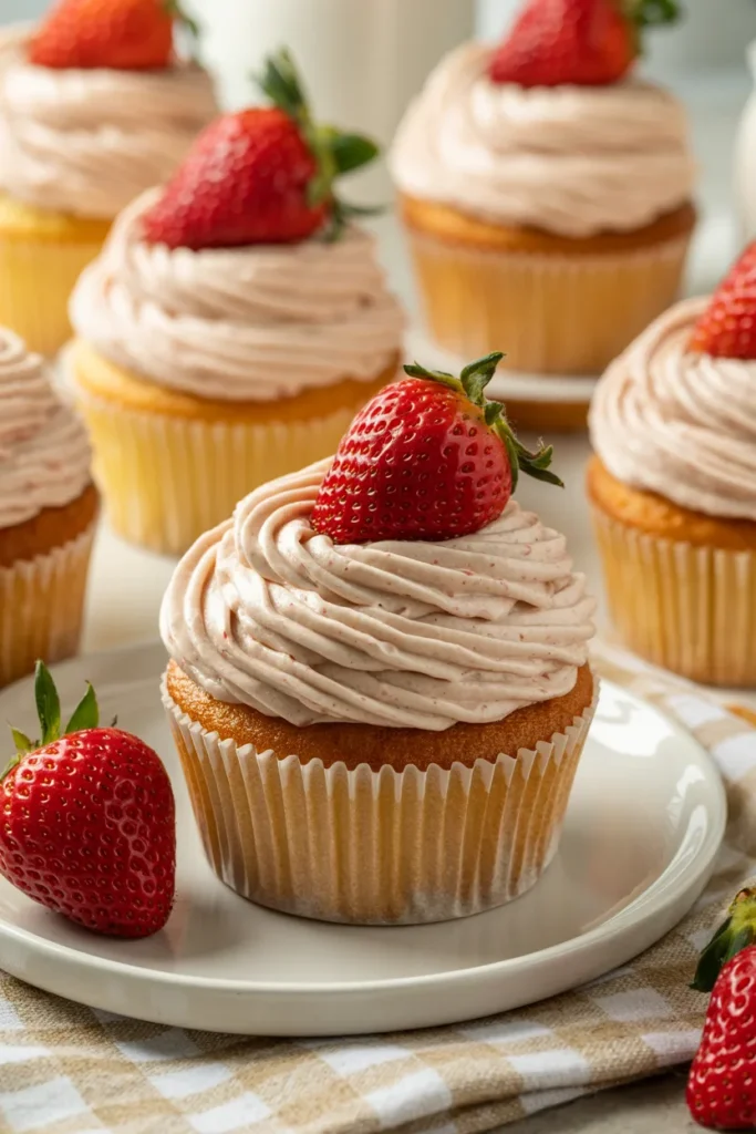 A close-up photograph of strawberry cupcakes on a white ceramic plate. The cupcakes have light beige-colored frosting swirls topped with fresh red strawberries. Each cupcake is nestled in a white paper cupcake liner. The frosting is piped in a tall, swirled pattern and has a pinkish-beige color. Fresh whole strawberries are scattered around the plate, with one placed on top of a cupcake. The cupcakes are photographed on a beige and white checkered cloth napkin. The image has a shallow depth of field, with the front cupcake in sharp focus while the background cupcakes are slightly blurred. The lighting is bright and natural, highlighting the glossy surface of the strawberries and the smooth texture of the frosting. The composition is centered on the front cupcake, with additional cupcakes visible but out of focus in the background.