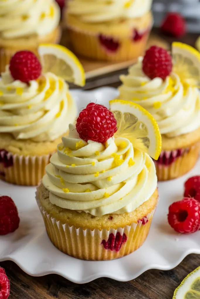 A close-up photograph of three lemon raspberry cupcakes on a white scalloped-edge plate. Each cupcake is topped with a swirl of pale yellow buttercream frosting, garnished with a fresh red raspberry and a thin lemon slice. The cupcakes have a golden-brown base with visible red raspberry pieces throughout. The cupcakes are positioned on a dark wooden surface, with additional fresh raspberries scattered around the plate. The frosting has a smooth, piped texture with slight peaks and lemon zest sprinkled on top. The lighting is bright and even, highlighting the contrast between the white frosting swirls and the deep red of the fresh raspberries. The background shows additional cupcakes slightly out of focus, creating depth in the composition.