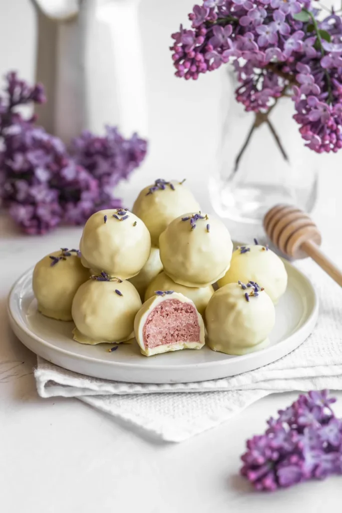 A high-quality food photography shot of white chocolate truffles on a white ceramic plate. The truffles are perfectly spherical, covered in smooth white chocolate, and garnished with small purple dried lavender petals. One truffle is cut in half, revealing a pink-tinged interior filling. The plate is placed on a white textured cloth napkin. In the background, there are delicate purple lilac branches with small flowers, slightly out of focus. A wooden honey dipper with a natural finish is visible on the right side of the frame. The entire scene is set against a bright white background, creating a clean, minimalist aesthetic. The lighting is soft and diffused, highlighting the smooth texture of the chocolate truffles and creating subtle shadows beneath the plate.