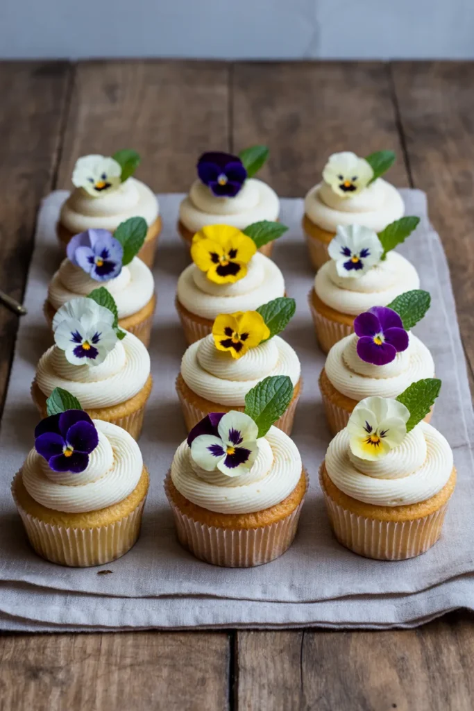 A professional food photography shot of 12 elegantly decorated vanilla cupcakes arranged in two neat rows on a light gray linen napkin placed on a rustic wooden table. The cupcakes have smooth, piped white buttercream frosting swirls on top. Each cupcake is garnished with fresh mint leaves and edible pansy flowers in purple, yellow, and white colors. The cupcakes are in light pink paper liners. The wooden table surface has visible grain patterns and knots. The lighting is soft and natural, creating subtle shadows beneath the cupcakes. The composition is centered and the cupcakes are evenly spaced. The image has a shallow depth of field, with the front cupcakes in sharp focus while the back ones are slightly softer.