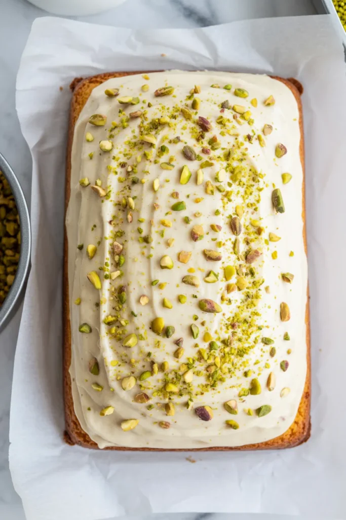 A top-down view of a rectangular cake on white parchment paper. The cake has a smooth, creamy white frosting covering the top, with finely chopped pistachios scattered across the surface in a random pattern. The pistachios are both whole and ground, creating a delicate green garnish against the white frosting. The cake has a golden-brown crust visible along the edges. The parchment paper is slightly wrinkled, and a metal baking pan is partially visible on the left side of the frame. The background is a light gray marble surface. The image has a bright, clean aesthetic with natural lighting that highlights the texture of both the frosting and the crushed pistachios.