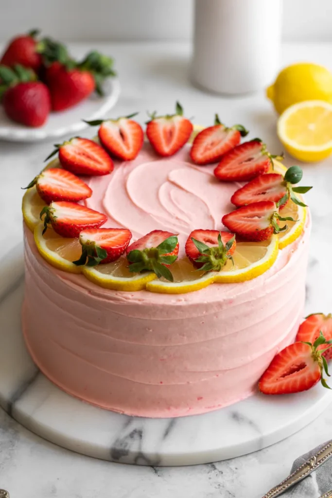 A professional food photography shot of a strawberry lemonade cake on a white marble round serving board. The cake has smooth pink frosting with a swirled texture and is decorated with a circular border of fresh sliced strawberries and yellow lemon slices. The strawberries are bright red and halved, with their green leaves still attached. The lemon slices are fresh and yellow, arranged in a continuous ring around the top edge of the cake. In the background, there is a white plate with fresh whole strawberries and a partial view of a white ceramic container. The cake is photographed from a slight angle, showing the smooth texture of the frosting and the careful placement of the fruit garnishes. The lighting is bright and natural, creating soft shadows beneath the cake. The marble board has subtle gray veining patterns. The composition is clean and minimalist, with the cake as the central focus against a light neutral background.