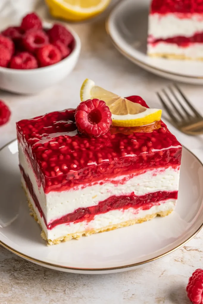 A close-up photograph of a layered raspberry dessert on a white ceramic plate. The dessert has three distinct layers: a white cream filling in the middle and bottom, and a vibrant red raspberry filling in the top and middle sections. The top layer is covered with glossy red raspberry jam and garnished with a fresh red raspberry and a thin slice of yellow lemon. In the background, there is a small white bowl containing fresh red raspberries. A silver fork is partially visible on the right side of the frame. The dessert is photographed on a light beige textured surface. The lighting is bright and even, highlighting the glossy texture of the raspberry topping and the fresh red color of the berries.