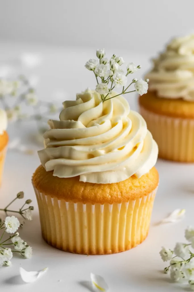 A close-up photograph of a vanilla cupcake with a tall swirl of white buttercream frosting. The frosting is piped in a tall, ruffled spiral pattern and topped with a delicate baby's breath flower. The cupcake base is a pale yellow, moist cake with a slightly domed top. The cupcake is positioned on a white surface with small white flowers and petals scattered around it. In the background, slightly out of focus, there is another cupcake. The image has a soft, bright lighting that creates gentle shadows and highlights the texture of the frosting. The composition is centered with the main cupcake taking up approximately two-thirds of the frame. The overall color palette is dominated by whites, pale yellows, and soft beiges.