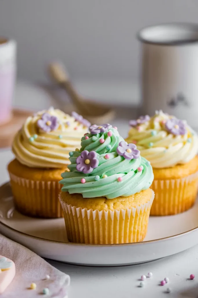 A close-up photograph of three decorated cupcakes on a white ceramic plate. The cupcakes have light yellow buttercream frosting piped in a swirled pattern. The topmost cupcake has mint green frosting piped in a tall spiral design, topped with small purple fondant flowers and pastel-colored sprinkles. The other two cupcakes are decorated with yellow frosting and have similar purple fondant flowers and sprinkles on top. The cupcakes are placed in white paper liners. The background is soft and blurred, with a light gray surface and a white ceramic mug partially visible. A light pink fabric is visible in the bottom left corner of the frame. The image has a shallow depth of field, creating a professional food photography aesthetic with the cupcakes in sharp focus while the background remains pleasantly out of focus.