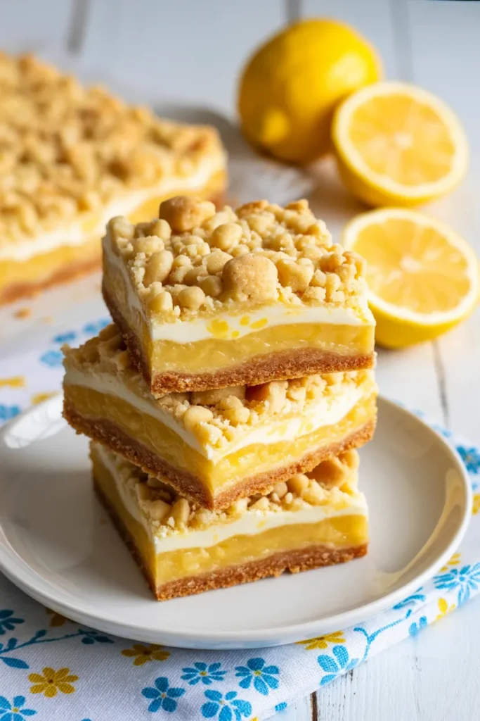 A close-up photograph of lemon crumble bars stacked on a white ceramic plate. The bars have a golden-brown shortbread crust base topped with a creamy lemon filling and a crumbly streusel topping. Three bars are stacked in the foreground, with one bar slightly separated to show the layered structure. In the background, there are fresh yellow lemons - one whole and two halves - placed on a light blue and white floral patterned cloth napkin. The image has a bright, clean composition with natural lighting that highlights the golden tones of the baked goods and the vibrant yellow of the lemons. The crumble topping has a coarse, buttery texture with visible chunks of butter and sugar. The lemon bars are cut into perfect squares with clean edges, showing the distinct layers of the dessert.
