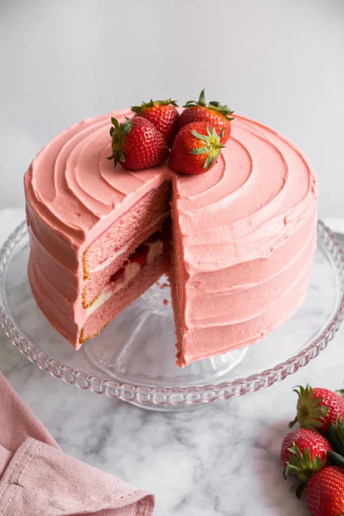 A professional food photography shot of a pink strawberry cake on a clear glass cake stand with an ornate beaded pattern rim. The cake has a smooth, swirled pink frosting covering and shows a slice cut and pulled away, revealing a light pink cake interior. Three fresh bright red strawberries with green stems are placed on top of the cake as decoration. The cake is photographed on a white marble surface. In the bottom right corner, there are fresh whole strawberries scattered on the marble surface. A pink linen napkin is partially visible in the bottom left corner. The lighting is bright and even, creating soft shadows beneath the cake stand. The image has a clean, minimalist composition with a pink and white color scheme.