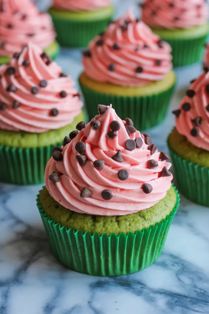 A close-up photograph of watermelon-themed cupcakes on a light blue-gray marble surface. The cupcakes have bright green cake bases and bright green paper liners. Each cupcake is topped with pink frosting piped in a swirled pattern, decorated with small dark chocolate chips scattered across the top. The frosting has a smooth, creamy texture and is piped in a tall, elegant spiral design. Multiple cupcakes are arranged in the frame, with some slightly out of focus in the background. The cupcakes are photographed from a slightly elevated angle, capturing the detailed texture of both the frosting and the chocolate chips. The lighting is bright and even, highlighting the vibrant colors of the cupcakes against the cool-toned marble surface.